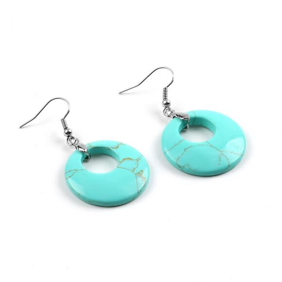 Natural Stone Blue Howlite Gemstone Round Hollow Healing Dangle Earrings - Picture 2 of 2